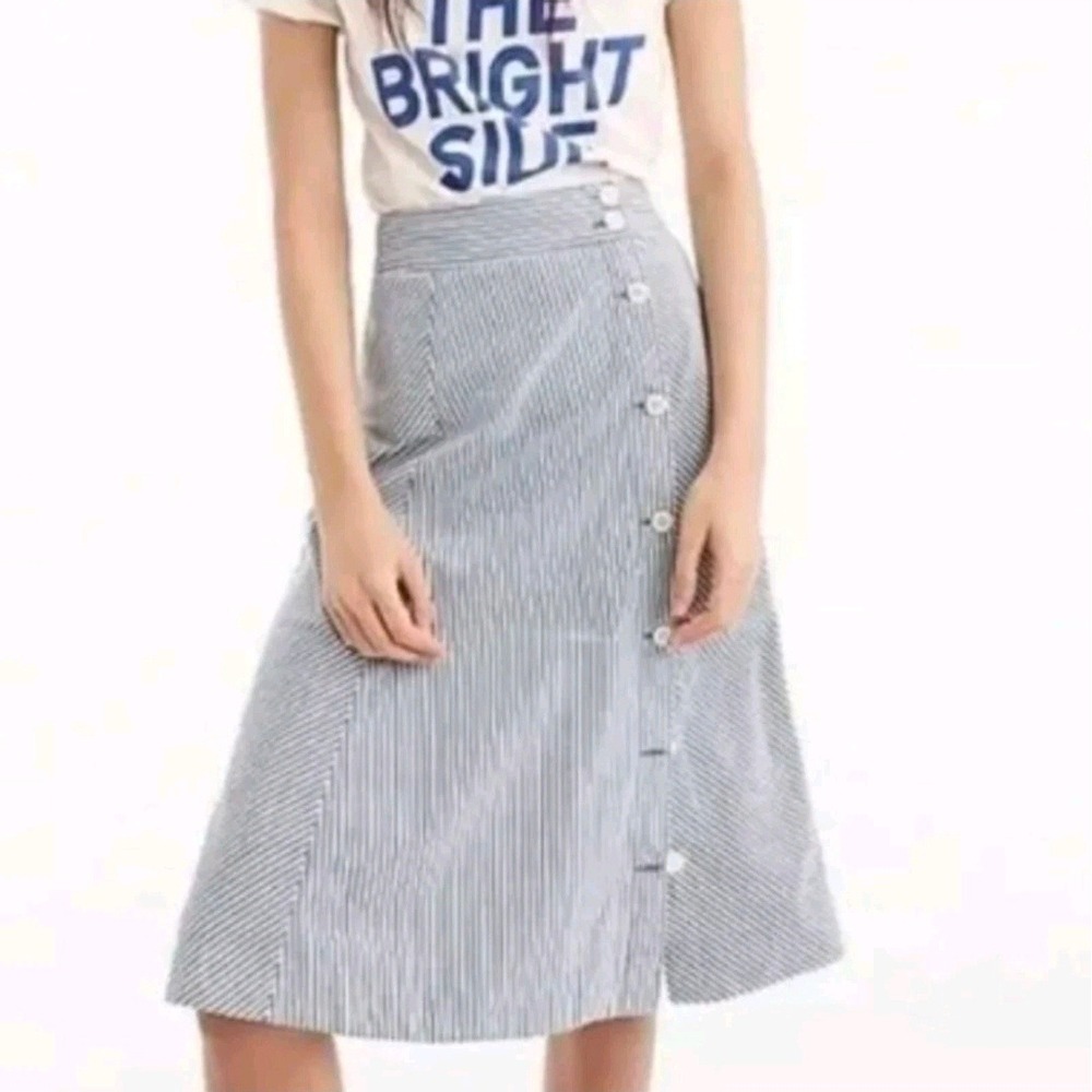J.Crew Midi Skirt Women 14 Blue White Striped Button Front A-Line Coastal Preppy
